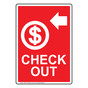 Portrait Red CHECK OUT Right Sign With Symbol NHEP-17840-White_on_Red