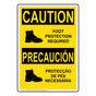 English + Portuguese OSHA CAUTION Foot Protection Sign With Symbol OCI-3245-PORTUGUESE