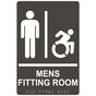 Charcoal Gray Braille MENS FITTING ROOM Sign with Dynamic Accessibility Symbol RRE-19943R_White_on_CharcoalGray