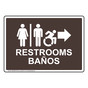 Dark Brown RESTROOMS - BAÑOS Sign with Dynamic Accessibility Symbol RRB-6987R-White_on_DarkBrown