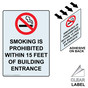 Portrait Clear SMOKING IS PROHIBITED WITHIN 15 FEET OF BUILDING ENTRANCE Label With Symbol NHEP-14632