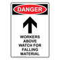 Portrait OSHA DANGER Workers Above Watch For Falling Material Sign With Symbol ODEP-6680
