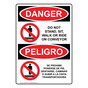 English + Spanish OSHA DANGER Do Not Stand, Sit, Walk Conveyor Sign With Symbol ODB-2445