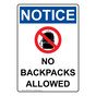 Portrait OSHA NOTICE No Backpacks Allowed Sign With Symbol ONEP-35794