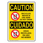 English + Spanish OSHA CAUTION Recycled Water In Use Here Do Not Drink Sign With Symbol OCB-9604