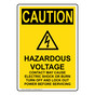 Portrait OSHA CAUTION Hazardous Voltage Sign With Symbol OCEP-28582