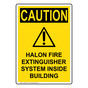 Portrait OSHA CAUTION Halon Fire Extinguisher Sign With Symbol OCEP-3415
