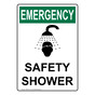 Portrait OSHA EMERGENCY Safety Shower Sign With Symbol OEEP-5715