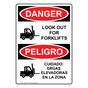 English + Spanish OSHA DANGER Look Out For Forklifts Sign With Symbol ODB-4380