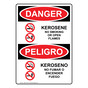 English + Spanish OSHA DANGER Kerosene No Smoking Or Open Flames Sign With Symbol ODB-4195