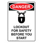 Portrait OSHA DANGER Lockout For Safety Sign With Symbol ODEP-4345