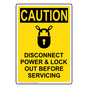 Portrait OSHA CAUTION Disconnect Power & Sign With Symbol OCEP-2125