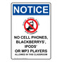 Portrait OSHA NOTICE No Cell Phones, Blackberrys Sign With Symbol ONEP-14110