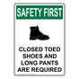 Portrait OSHA SAFETY FIRST Closed Toed Shoes Sign With Symbol OSEP-35926