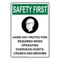 Portrait OSHA SAFETY FIRST Hard Hat Protection Sign With Symbol OSEP-35934