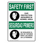 English + Spanish OSHA SAFETY FIRST Ear Protection Required Sign With Symbol OSB-2671