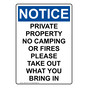 Portrait OSHA NOTICE Private Property Or Camping No Fires Sign ONEP-36736