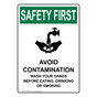 Portrait OSHA SAFETY FIRST Avoid Contamination Sign With Symbol OSEP-1360-R