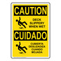 English + Spanish OSHA CAUTION Deck Slippery When Wet Sign With Symbol OCB-7748