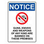 Portrait OSHA NOTICE Guns, Knives And Weapons Sign With Symbol ONEP-8129
