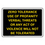 Zero Tolerance Use Of Profanity Verbal Threats Sign NHE-35608_BLK