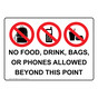 No Food, Drink, Bags, Or Phones Allowed Sign With Symbol NHE-35630