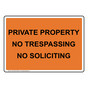 Private Property No Trespassing No Soliciting Sign NHE-36728_ORNG