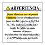 Spanish California Prop 65 Hotel Warning Sign CAWS-39828
