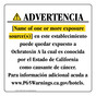Spanish California Prop 65 Hotel Warning Sign CAWS-40180
