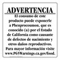 Spanish California Prop 65 Food Warning Sign CAWS-41159