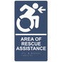 Navy Braille AREA OF RESCUE ASSISTANCE Left Sign with Dynamic Accessibility Symbol RRE-14765R_White_on_Navy