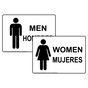 White MEN HOMBRES + WOMEN MUJERES Sign Set With Symbols RRB-7000_7010PairedSet_Black_on_White