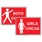 Red GIRLS CHICAS + BOYS CHICOS Sign Set With Symbols RRB-7002_7012PairedSet_White_on_Red
