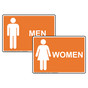 Orange MEN WOMEN Restrooms Sign Set With Symbols RRE-7000_7010PairedSet_White_on_Orange