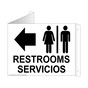 White Triangle-Mount RESTROOMS - SERVICIOS (With Outward Arrow) Sign With Symbol
