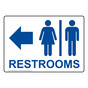 White RESTROOMS Left Sign With Symbol RRE-6984-Blue_on_White