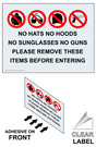 NO HATS NO HOODS NO SUNGLASSES NO GUNS Label with Symbol and Front Adhesive NHE-18138-Reverse