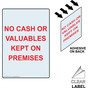 Portrait Clear NO CASH OR VALUABLES KEPT ON PREMISES Label NHEP-18453