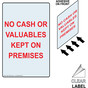 Portrait NO CASH OR VALUABLES KEPT ON PREMISES Label With Front Adhesive NHEP-18454-Reverse