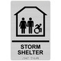 Brushed Silver Braille STORM SHELTER Sign with Dynamic Accessibility Symbol RRE-14837R_Black_on_BrushedSilver