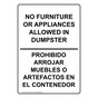 No Furniture Or Appliances In Dumpster Bilingual Sign NHB-14539