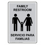 Portrait Silver FAMILY RESTROOM - SERVICIO PARA FAMILIAS Sign With Symbol RRBP-6992-Black_on_Silver
