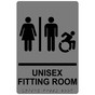 Gray Braille UNISEX FITTING ROOM Sign with Dynamic Accessibility Symbol RRE-19941R_Black_on_Gray