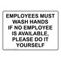 Employees Must Wash Hands If No Employee Is Available, Sign NHE-31575