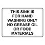 THIS SINK IS FOR HAND WASHING ONLY NO GREASE Sign NHE-50572