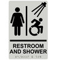 Pearl Gray Braille RESTROOM AND SHOWER Sign with Dynamic Accessibility Symbol RRE-14824R_Black_on_PearlGray