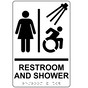 White Braille RESTROOM AND SHOWER Sign with Dynamic Accessibility Symbol RRE-14824R_Black_on_White