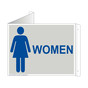Pearl Gray Triangle-Mount WOMEN Restroom Sign With Symbol RRE-7000Tri-Blue_on_PearlGray