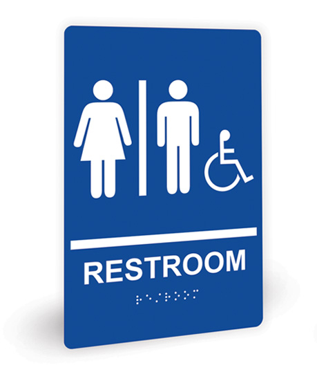 ADA braille restrooms sign with accessible symbol