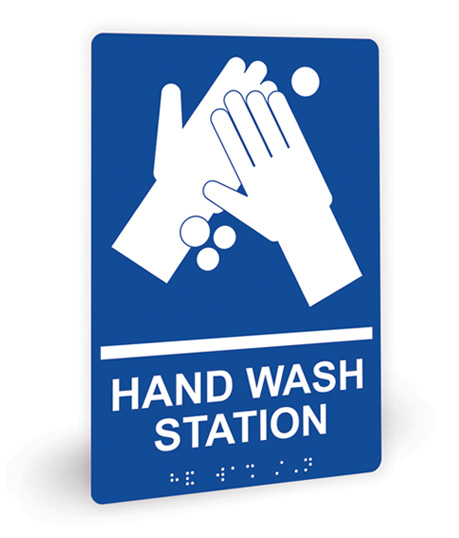 Blue ADA braille hand wash station sign with symbol